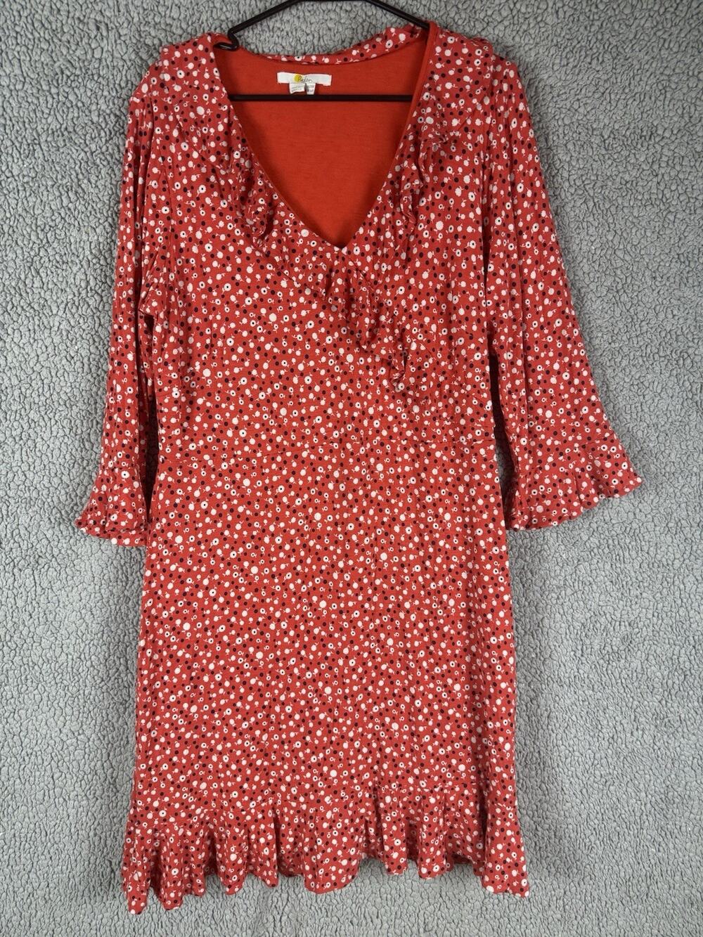 Boden Womens 16R Red Floral Ruffle Midi Dress V Neck 3/4 Sleeve Stretch